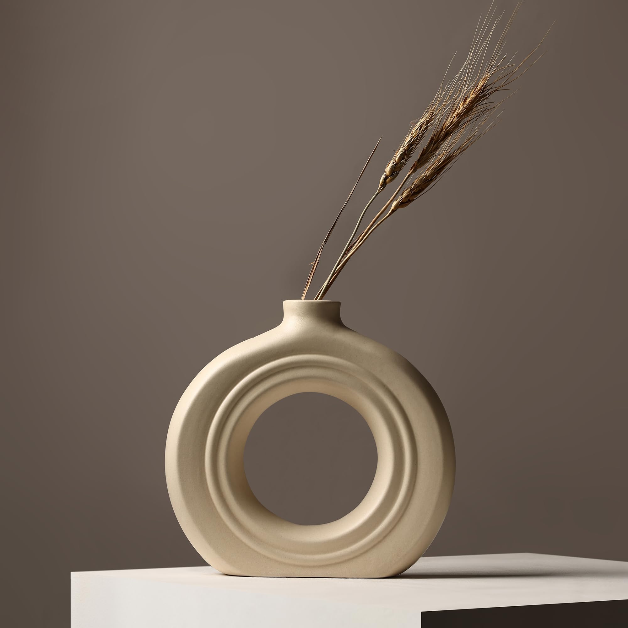 Earthly India Vases for Living Room | Donut Vases | for Home Decoration | Ceramic Vases | for Bedroom | Flower Vases | Centrepiece Decor for Home & Office | Off-White (7 Inches)-image-39