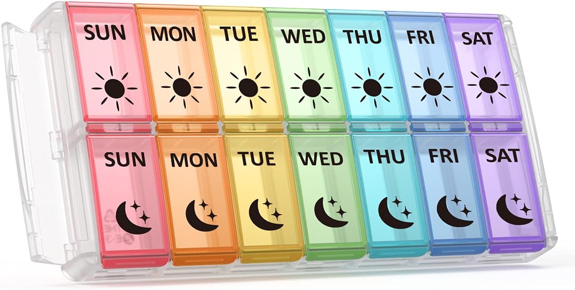 Weekly Pill Organizer 2 Times a Day Extra Large 7 Day Easy Fill Quick Fill Portable Fullicon AM PM Pill Box for Supplement, vitamine, and Medicine – (Patent Registered)
