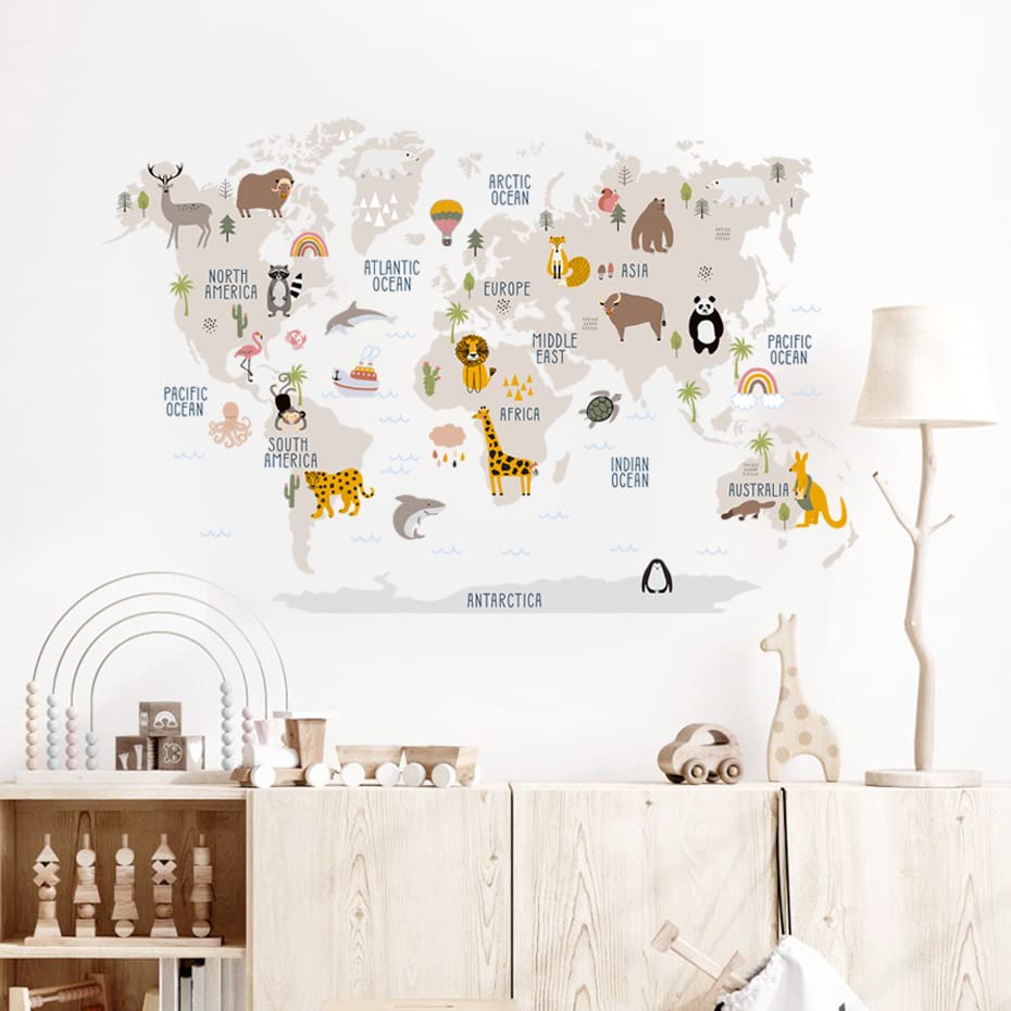 DOTUIARG Cartoon Large World Map Wall Stickers Animals Watercolor Kids Vinyl Nursery Decals For Girls Room Home Decor