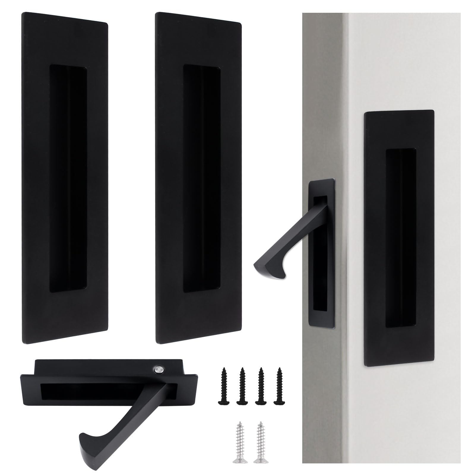 UFURMATE 1Pcs Flush Mount Door Pull and 2Pcs 6in Edge Pulls Stainless Steel Recessed Pocket Door Handle Set Sliding Door Pull Hardware for Closet (Black, Large Size) — image 1
