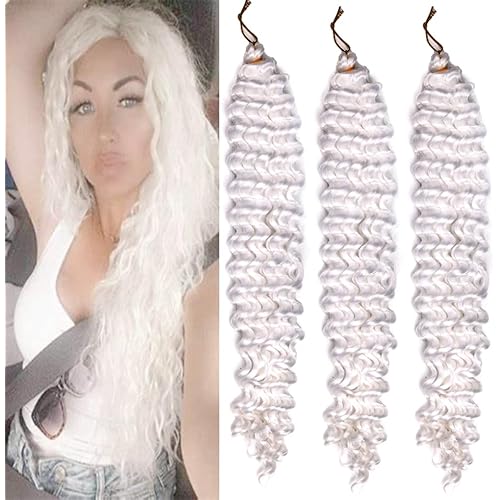 Braiding Hair White 22 Inch 3 Bundles Deep Wave Bulk Hair Extensions for Boho Braids Ocean Wave Crochet Hair Extensions for Braiding Curly Synthetic Braids Hair