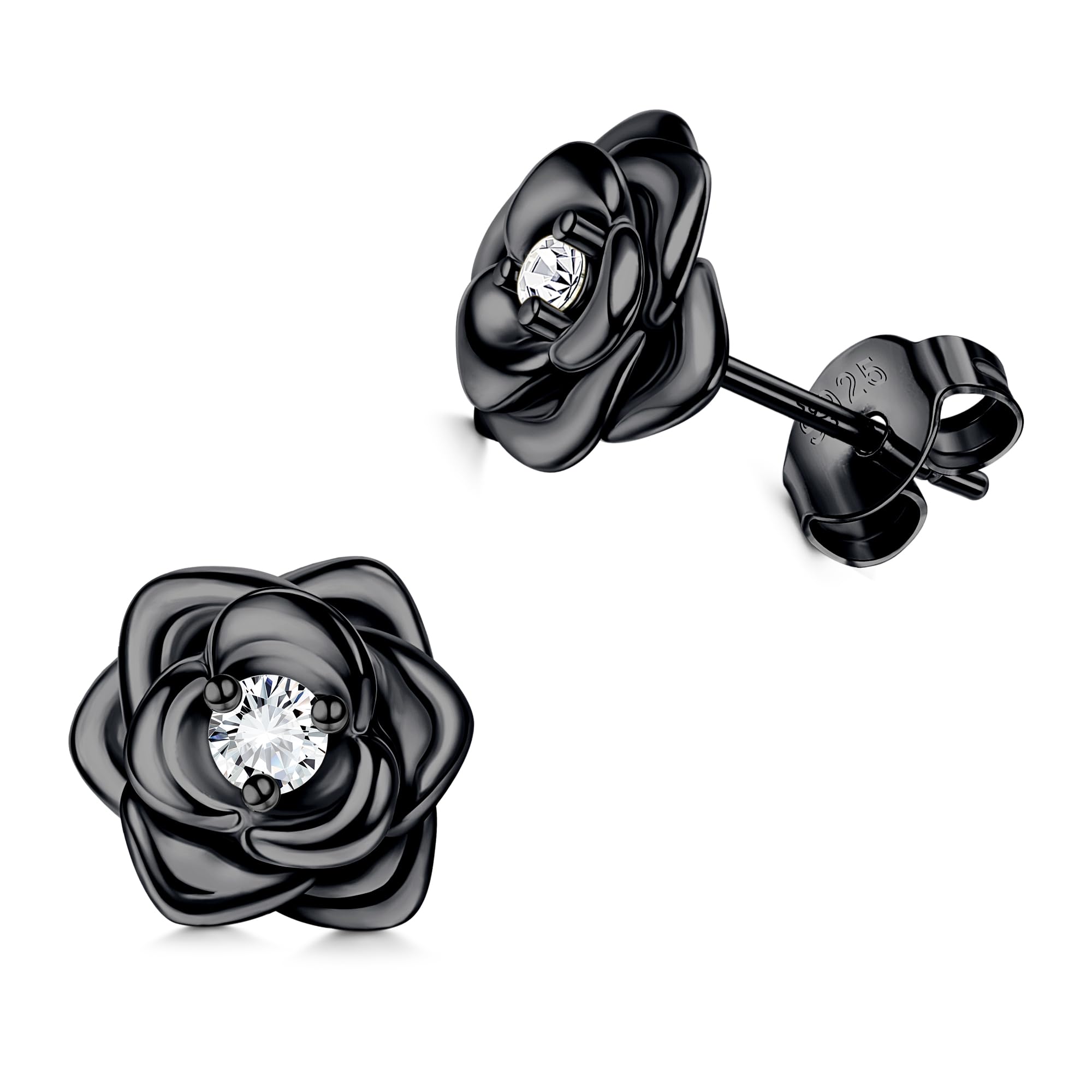 JeweBella Pequeñas Pendientes Flor de Plata de Ley 925 para Mujer Niña Hipoalergénicos Pendientes Rosa con 5A+Circonita Cúbica Pendientes Cartílago Plata/Oro/Oro Rosa/Negro Regalos de Joyería
