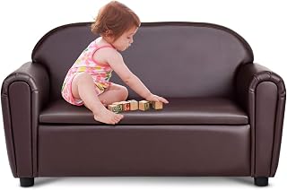 Costzon 2-in-1 Kids Couch Sofa with Under-Seat Storage, Easy-Clean PU Leather Double Seat Toddler Chair for Boys Girls