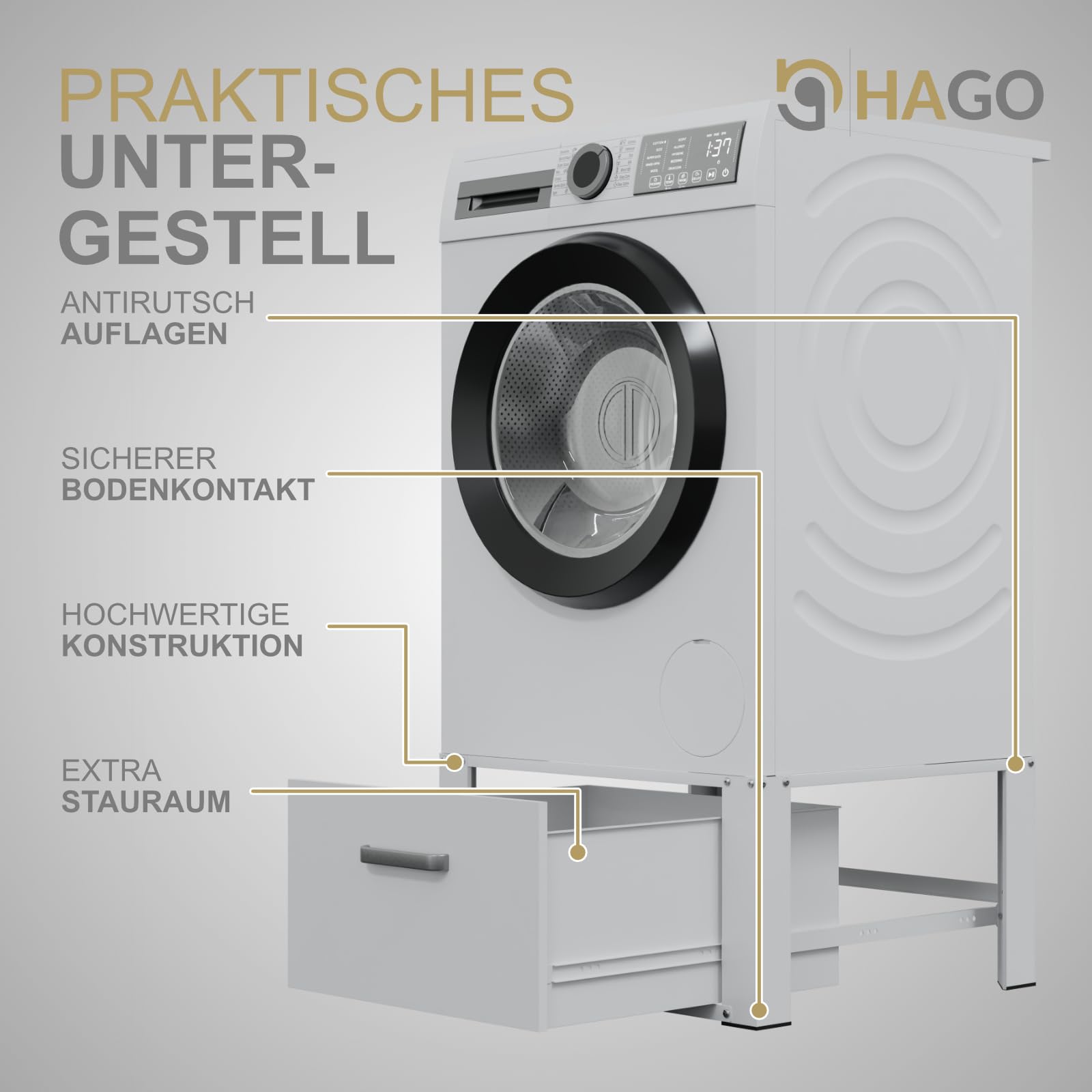 HAGO24 | Waschmaschinenuntergestell | Podest | Schublade | Ablage | 150kg Traglast | Gummifüße | 63x54x31,5cm | Rückenschonend | Weiß | Aluminiumgriff