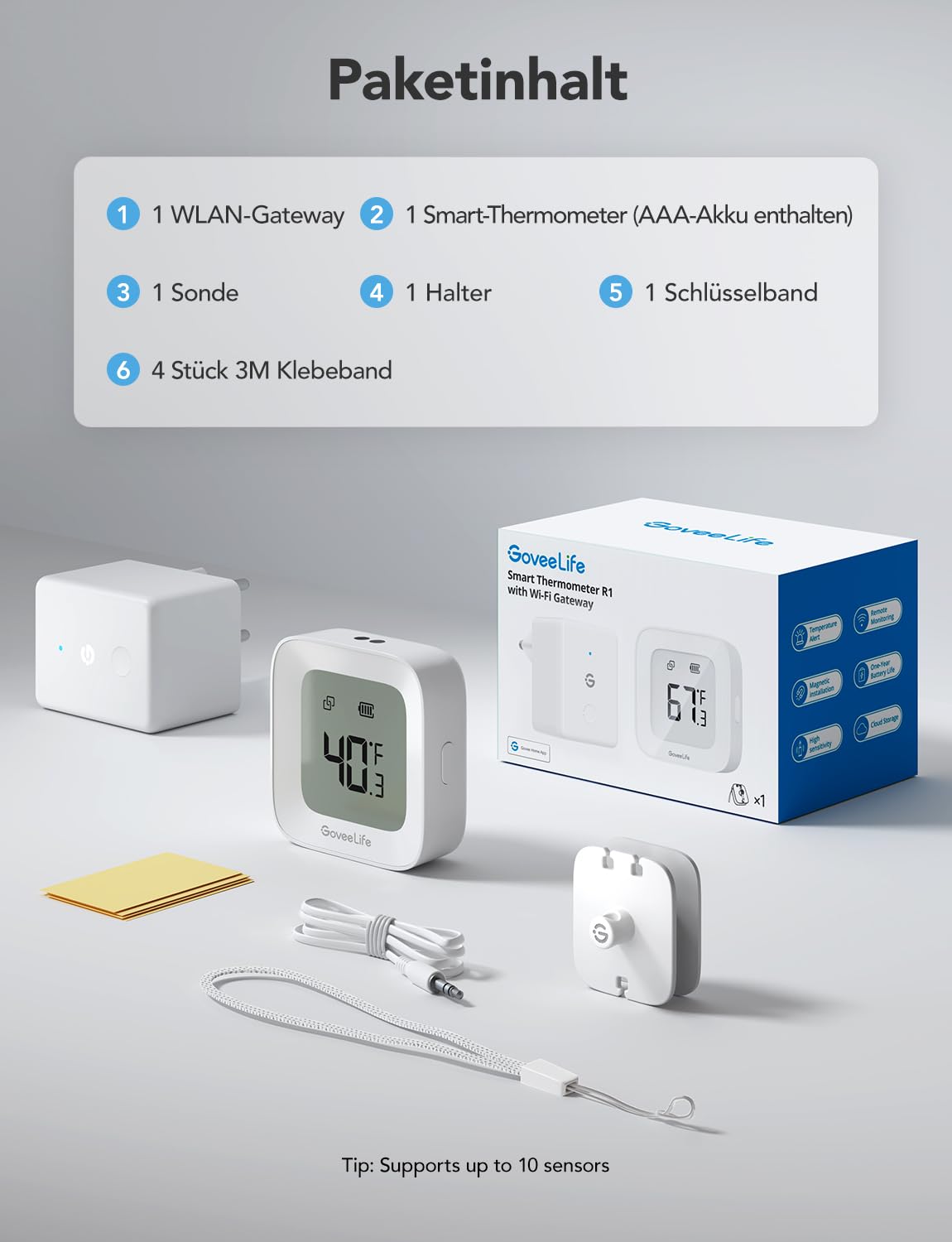 GoveeLife WLAN Kühlschrank Thermometer Digital mit Alarm, Kabellosem Funk Gefrierschrank Thermometer mit App, LCD-Display, 2 Jahre Datenexport, für Kühlschränke, Gefrierschränke, Aquarium
