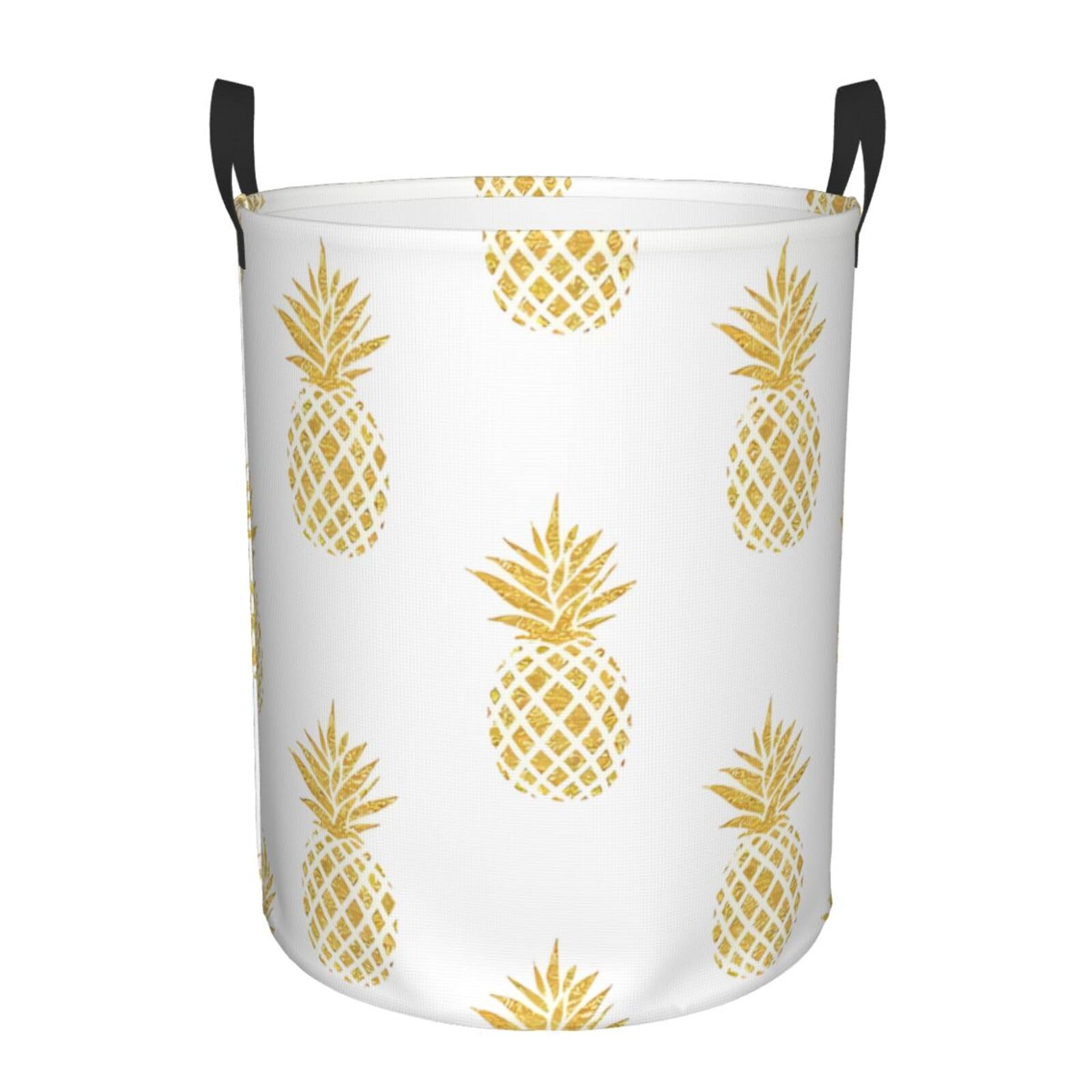 M Circular Hamper – Collapsible gold pineapple background Print Laundry Basket