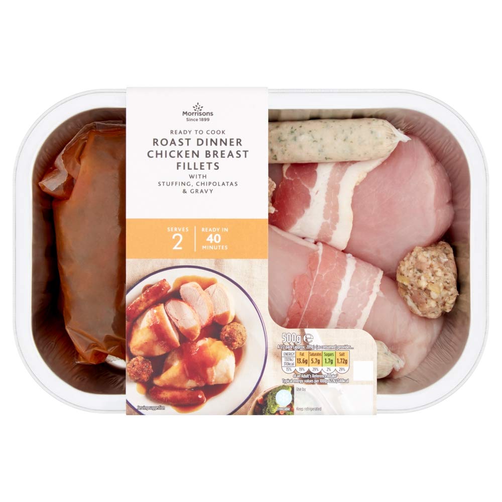Morrisons Ready to Cook Roast Dinner Chicken Breast Fillets with Stuffing, Chipolatas & Gravy 500g