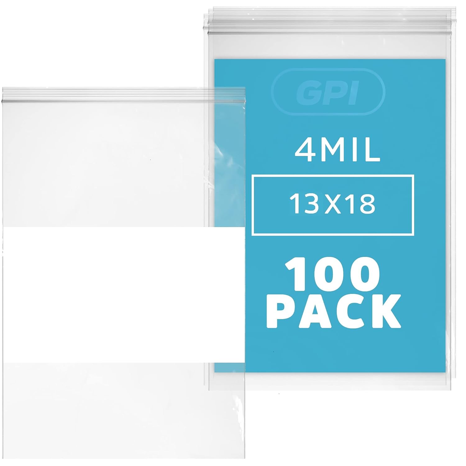 GPI - 13" x 18" - Bulk Pack Of 100, 4 Mil Thick, Heavy Duty, Clear Plastic Reclosable Freezer Zip Bags, With White Block for Labeling, Strong & Durable Poly Baggies With Resealable Zipper Top Lock.