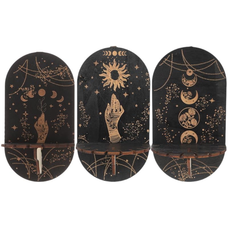 POPETPOP 3pcs Crystal Wall Shelf, Wood Wall-Mounted Crystal Display, Moon Sun Healing Stones Holder for Living Room Bedroom and Office