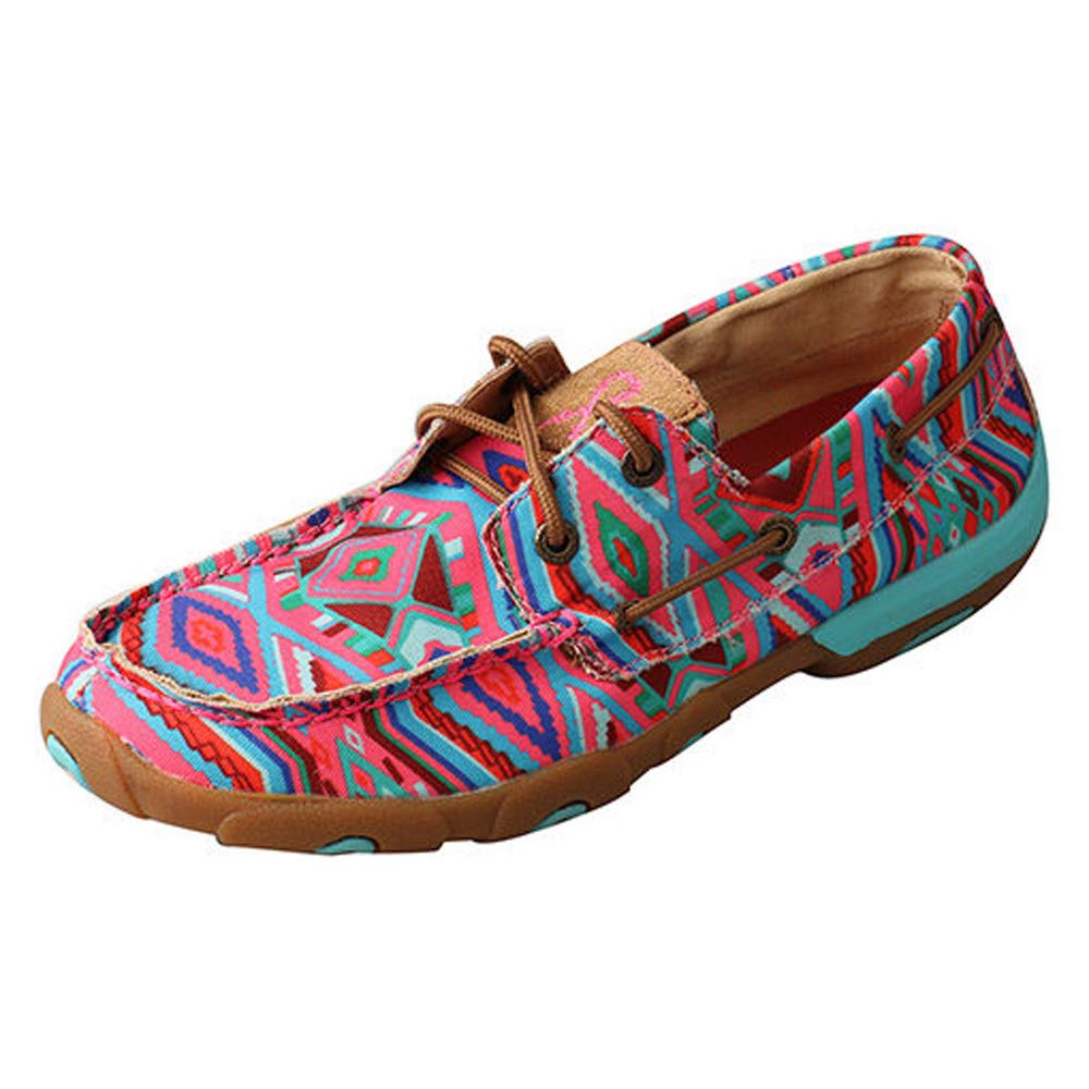Twisted X Women's Boat Shoe Canvas Driving Moccasins, Pink/Multi, 6 Medium