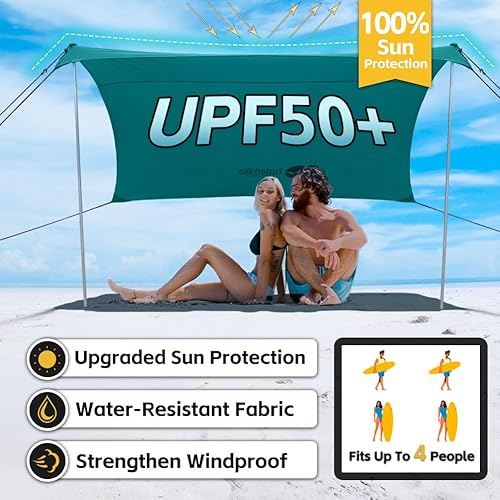Miniatura 8 de Tienda de campaña para sombra de playa, sombrilla de playa portátil, toldo de playa fácil desplegable, refugio de protección solar UPF50+,