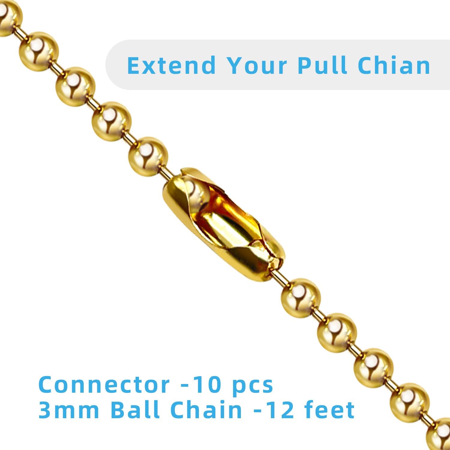 Ceiling Fan Pull Chain Extender, 12Feet 3mm Diameter Beaded Ball Fan Light Extension Pull Chain with 10 Matching Connectors (golden)
