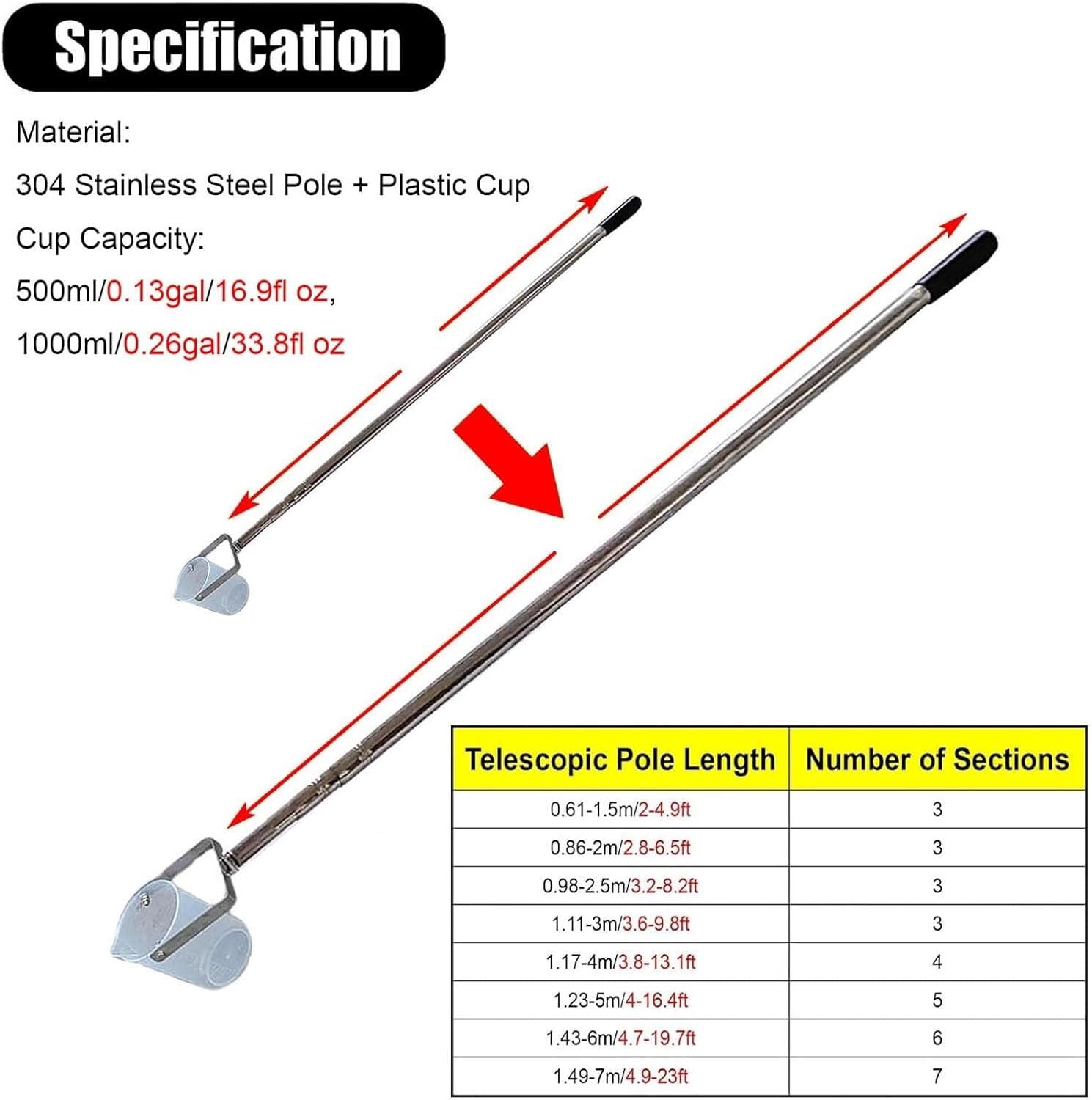 Tige de prélèvement en Acier Inoxydable Échantillonneur d'eau télescopique en Acier Inoxydable, bécher Portable de 500 ml/1000 ML(500ml,0.61-1.5m/2-4.9ft)