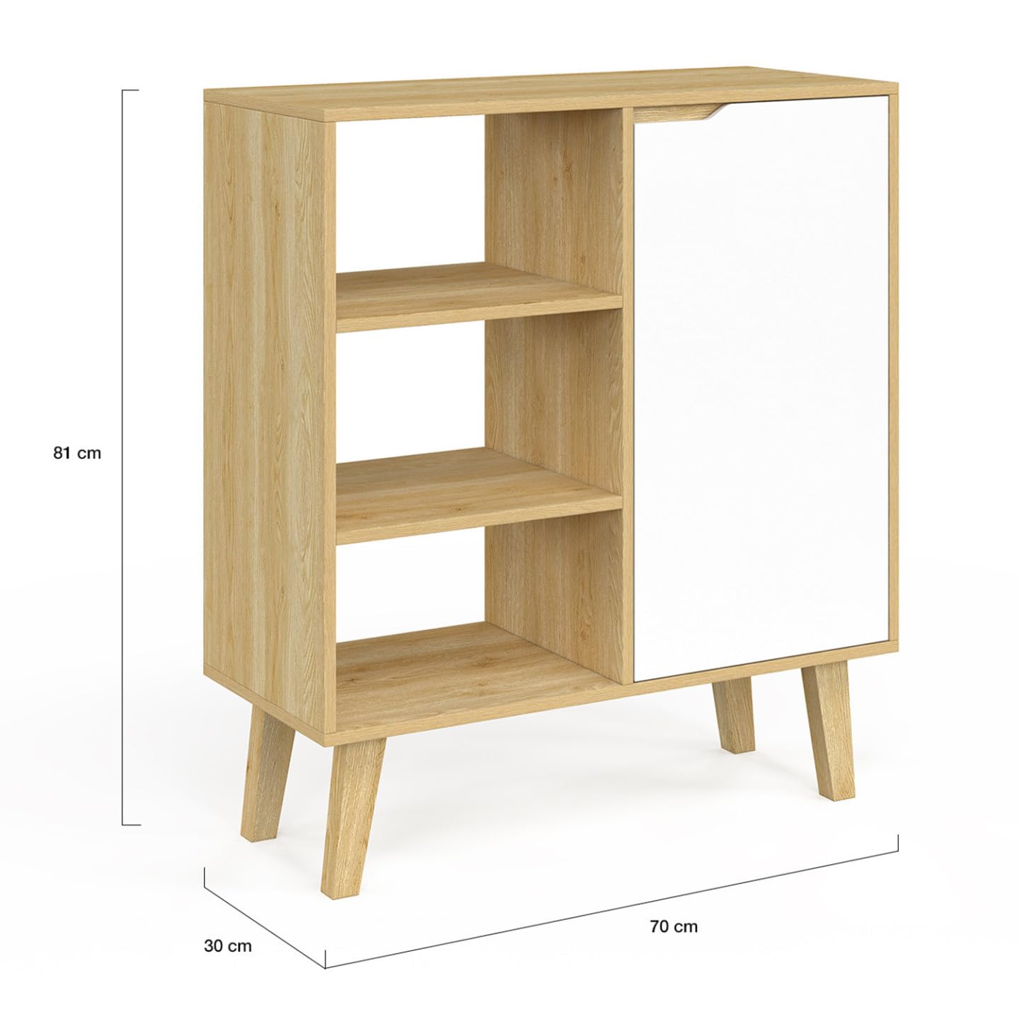 IDMarket - Aparador auxiliar de 3 estantes y armario de 70 cm FINN blanco y madera estilo haya