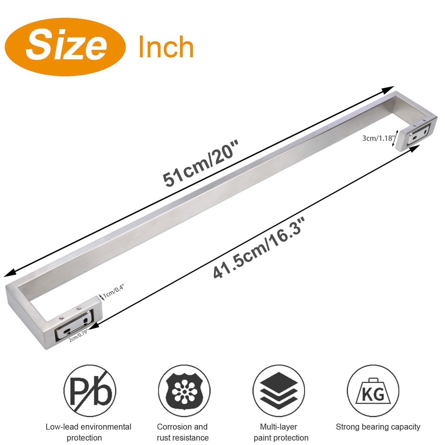 TocTen Lot de 20 barres porte-serviettes de bain épaisses en acier inoxydable SUS304 pour salle de bain, accessoires de salle de bain, porte-serviettes mural robuste (Nickel brossé, 51 cm)