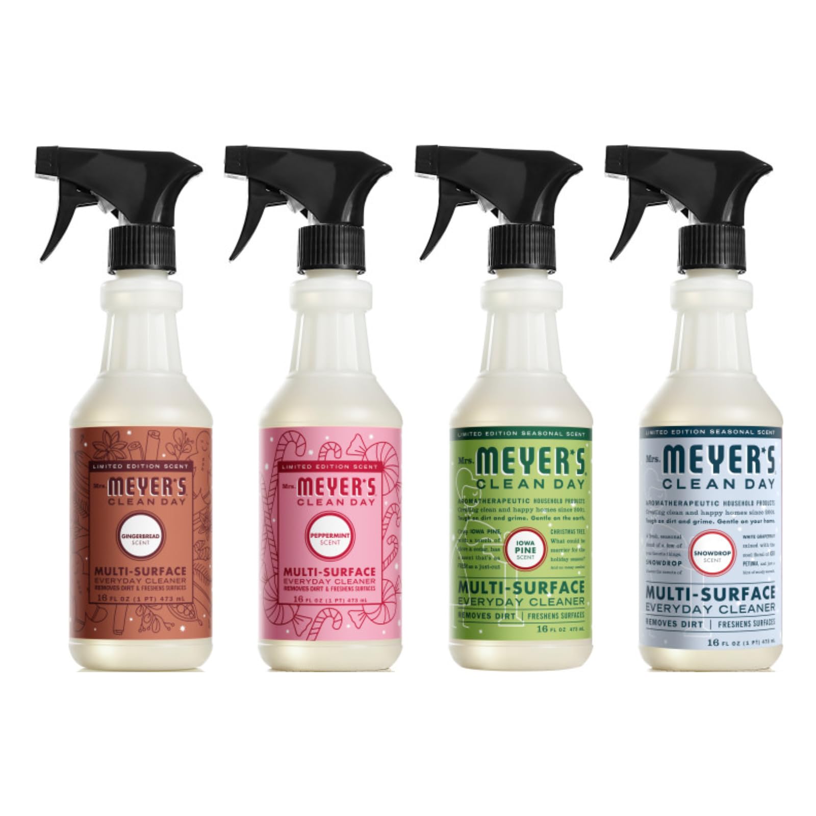 Mrs. MEYER'S CLEAN DAY Multi-Surface Cleaner 4 Pack Variety Pack, Iowa Pine, Peppermint, Snow Drop, Gingerbread, 16 Fl Oz Each, 1 CT