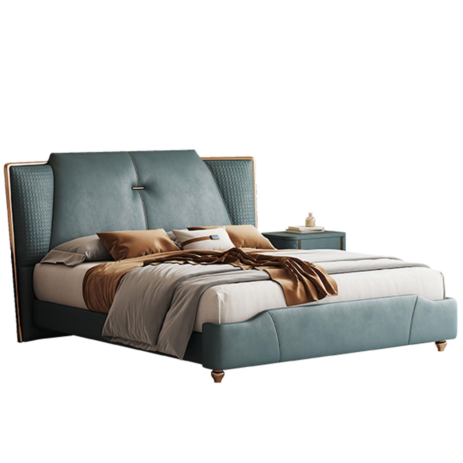 King Size Genuine Leather Bed Set Upholstered Platform Bed Frame with Wingback Headboard and Lift Up Storage Strong