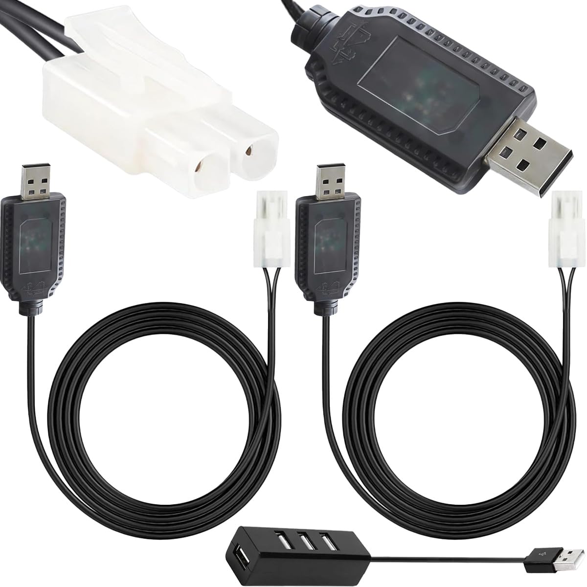 HAAMNING7 2 Pcs 9.6V Battery Charger Cable Compatible for Tamiya KET-2P 2 Pin Plug Connector NiCd NiMH 250mA USB Charging Wire with 4 Ports USB Hub for RC Car Airsoft Boat Plane Drone Excavator