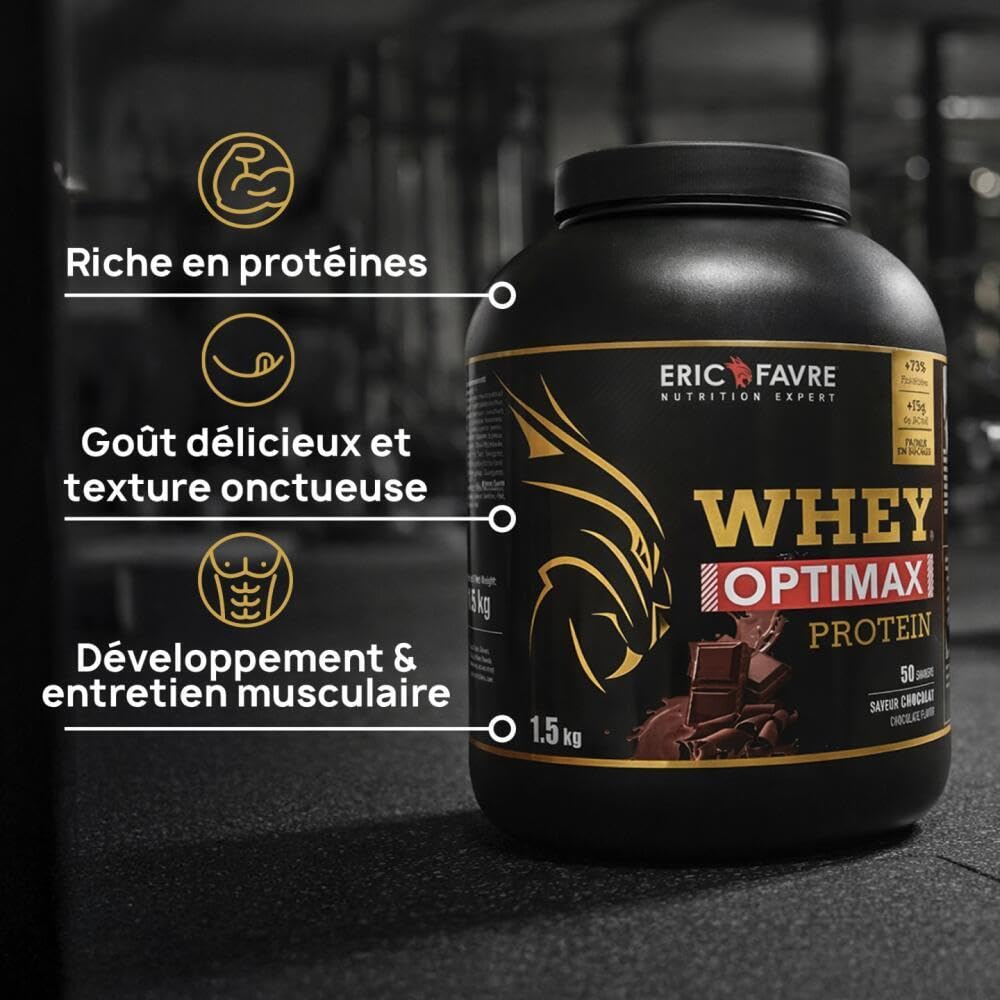 WHEY OPTIMAX PROTEIN +74% Protéines Bi-sources : WPC + Protéine Brevetée, 17g BCAA, 11g Glutamine, Peu Sucrée, Onctueuse - Idéal pour Prise de Masse Musculaire - 1,5kg - Saveur Vanille - Eric Favre