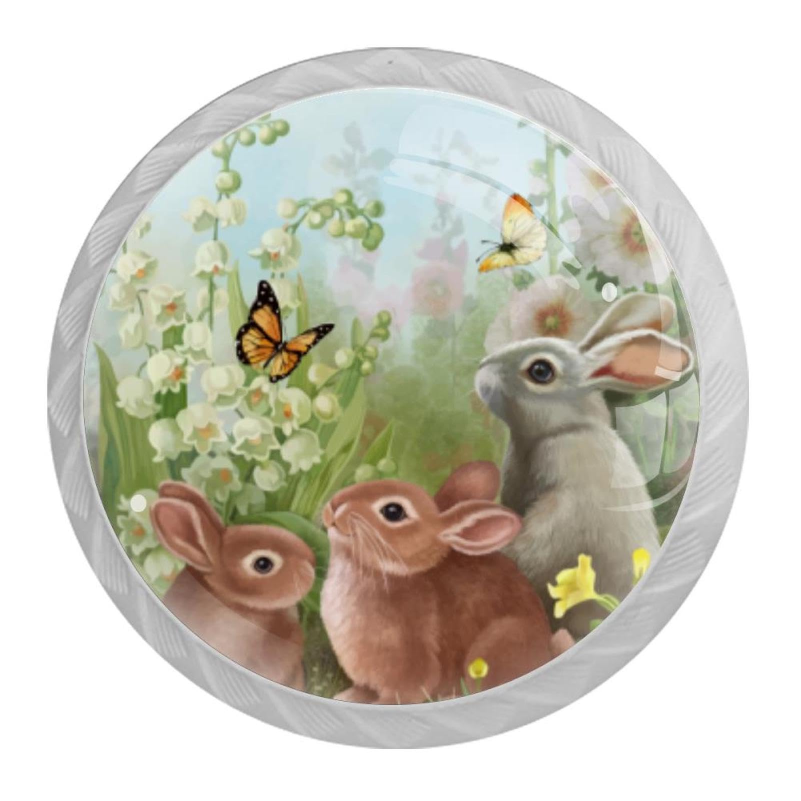 Tqmspg 4 Pieces Drawer Pulls Floral Butterfly Cute Rabbits Bunny Family Door Knobs Dresser Handles for Kitchen Wardrobe Cupboard Hardware Furniture