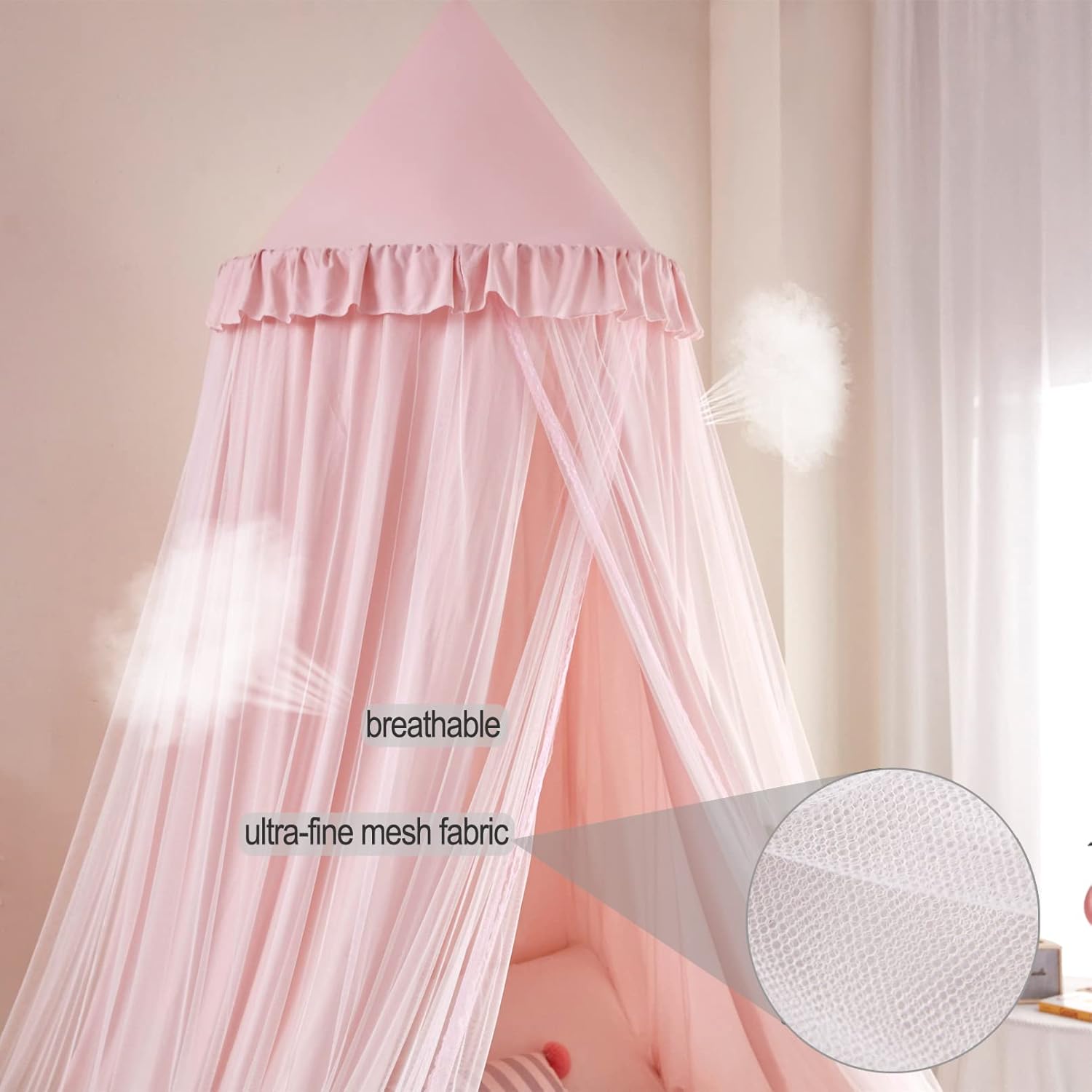 Kertnic 31.5inch Large Dome Bed Canopy for Girls, Double Layer Dreamy Ruffle Princess Canopy, Bedroom Hanging Tent Kids Reading Nook Canopies,Full Queen Bed Canopy Curtain (Beige Pink)