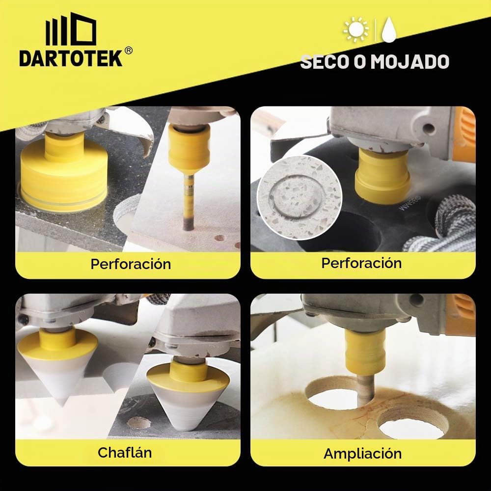 Brocas Diamantadas Juego 10-7 Coronas M14 (6/6/8/25/35/50/68mm), Fresa 10mm, Biseladora 50mm, Adaptador M14/Hexagonal para Cerámica, Mármol, Granito
