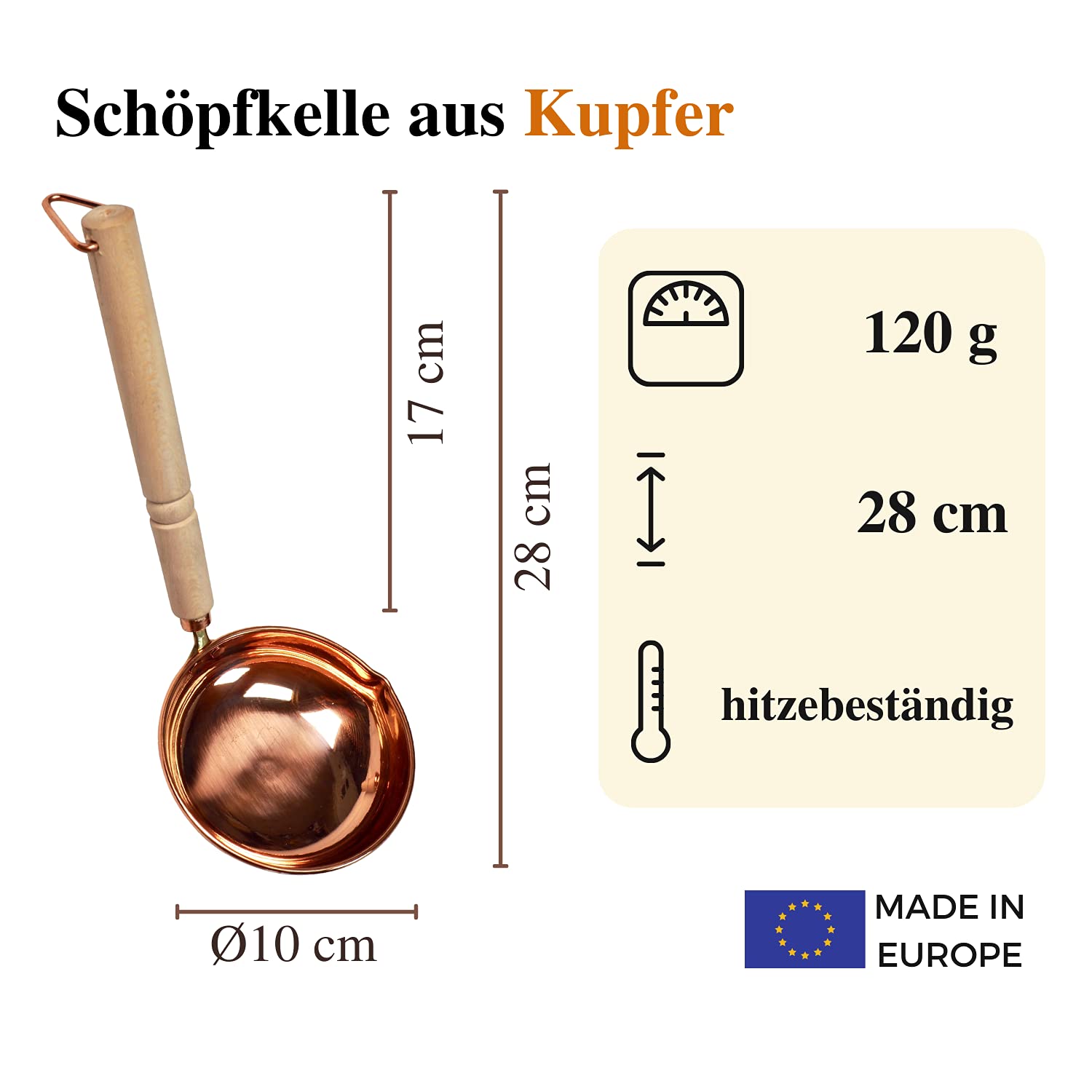 CopperGarden Schöpfkelle mit Holzgriff I Schöpflöffel aus blankem Kupfer I flache Suppenkelle mit Gießspitze I Schöpfer mit Haken zum Aufhängen I Kelle mit 28 cm Länge & 10 cm Durchmesser