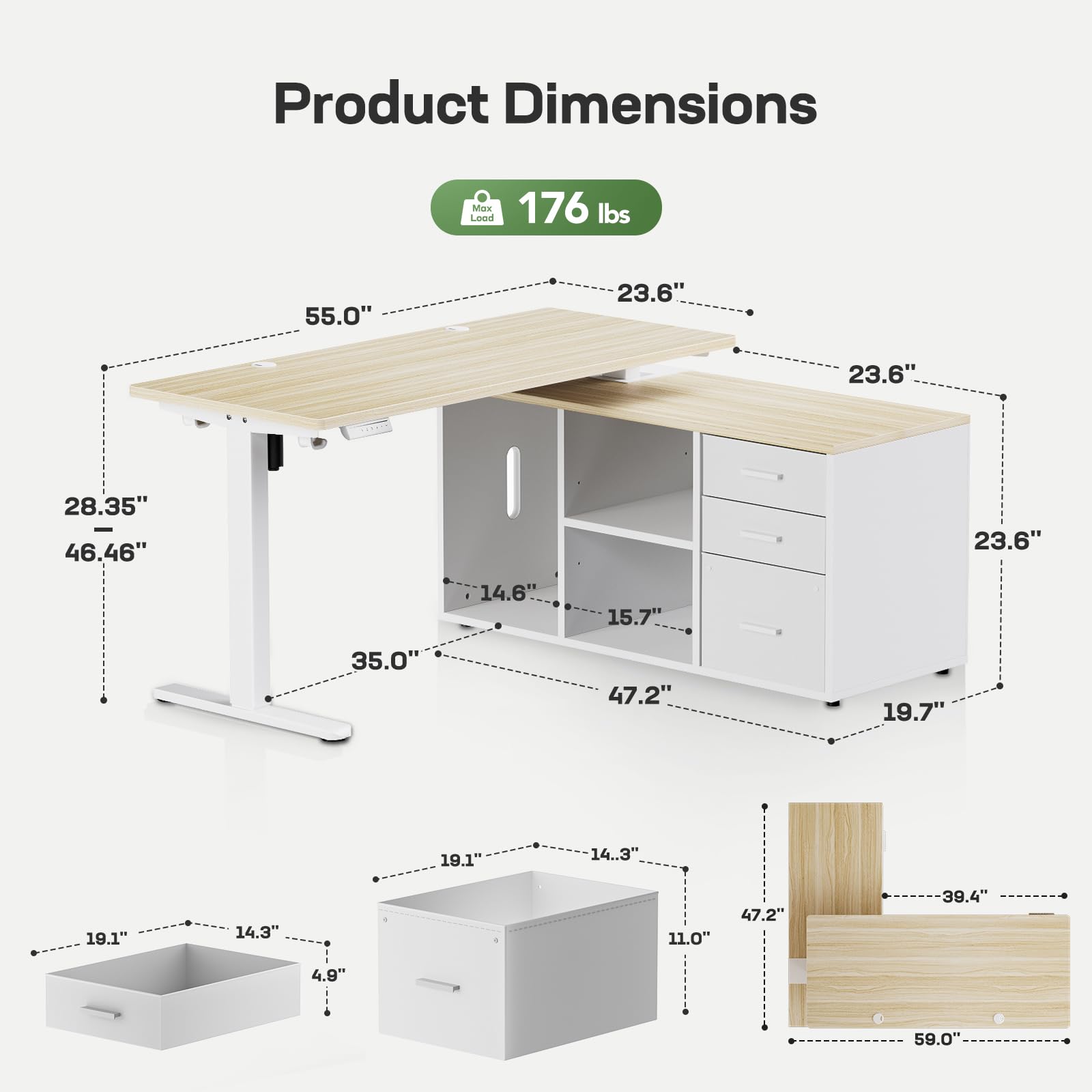 Marsail L-Shaped Executive Standing Desk with File Cabinet 55 x 24 Electric Height Adjustable Stand up Desk One-Whole — view 3