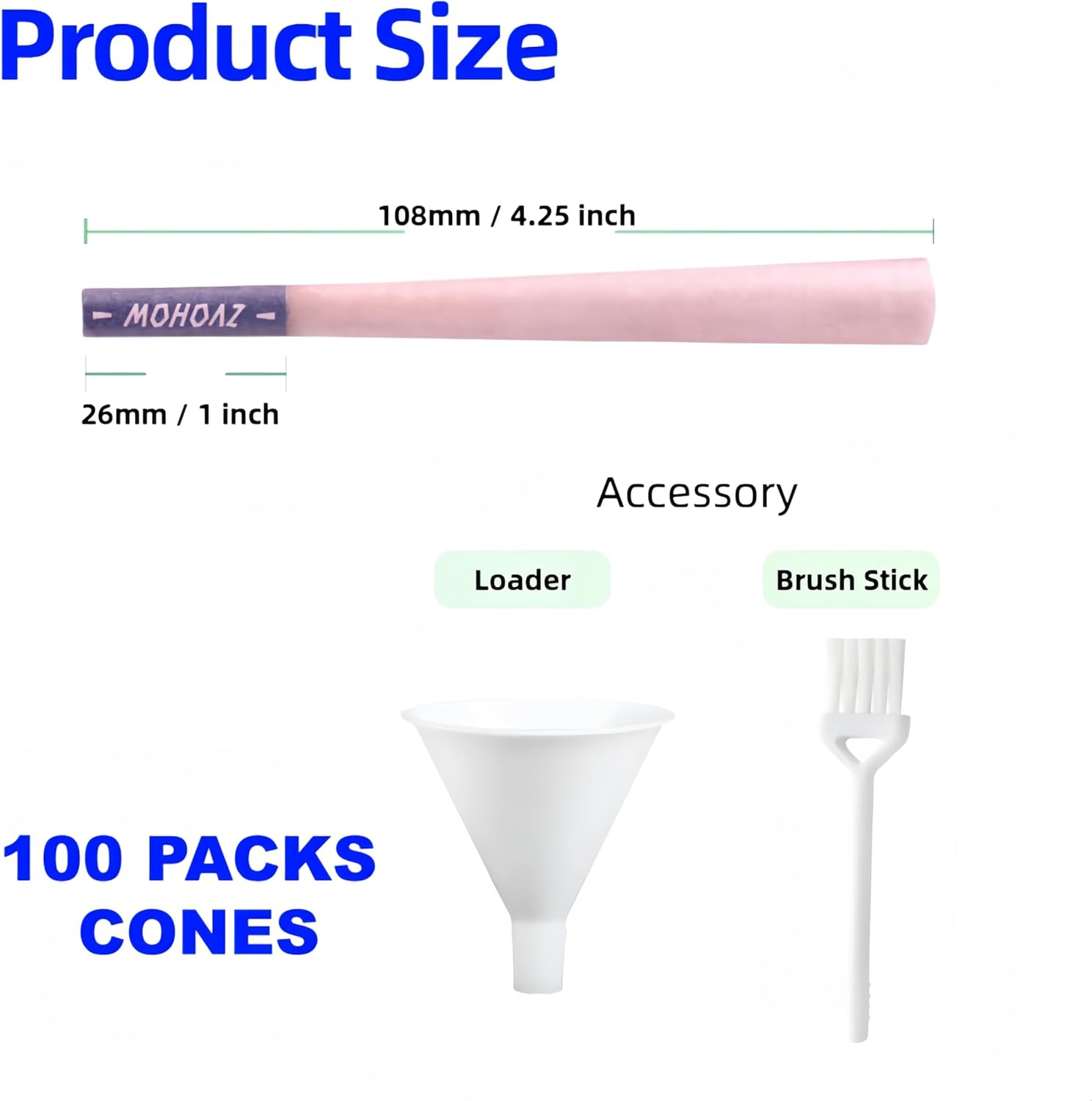Pink Pre Rolled Cones 100 Packs King Size (108mm) – Natural Slow Burn Rolling Papers with Filter Tips – Includes Cone Loader Funnel, Packing Stick & Cleaning Brush image 4