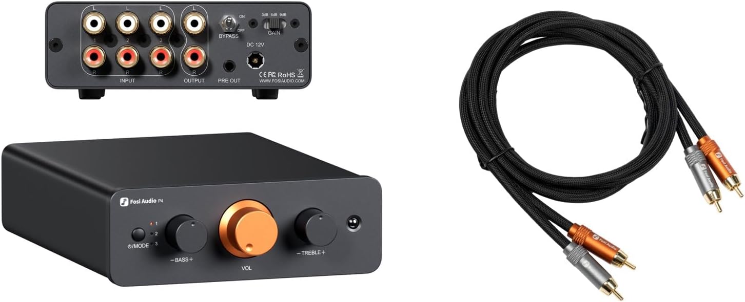 Fosi Audio 2RCA to 2RCA Cable 3.9Ft and Fosi Audio P4 Mini Preamp with 3 RCA Inputs, Home Audio Stereo Pre amp for Amplifier/Active Subwoofer/Speakers