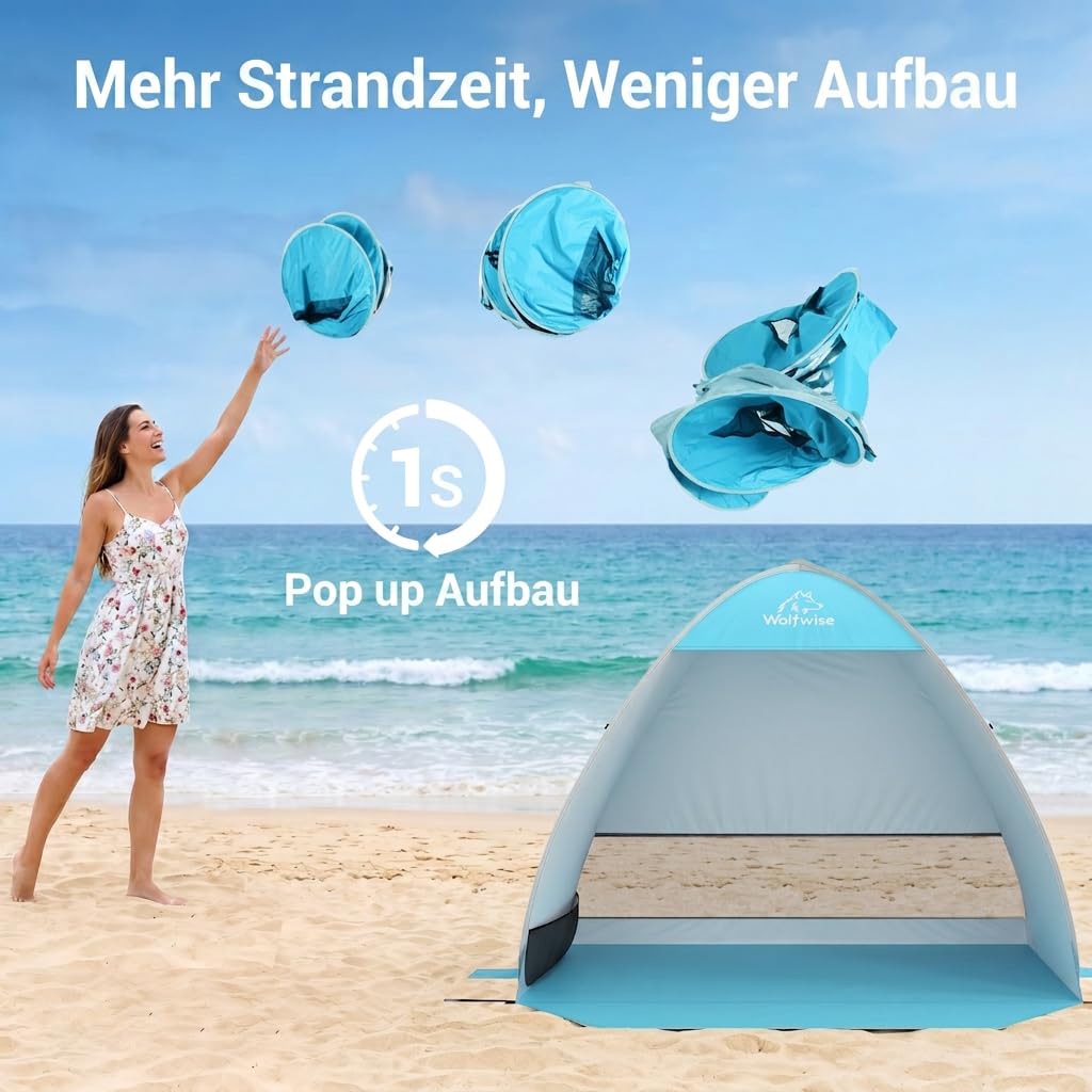 Wolfwise Strandmuschel Pop Up, Strandzelt mit UV-Schutz 50+, Sekundenschneller Aufbau, Wasserabweisend & Belüftet mit Sandtaschen für 2-3 Personen, 150x120x110 cm(59 ×47×43 in), Blau