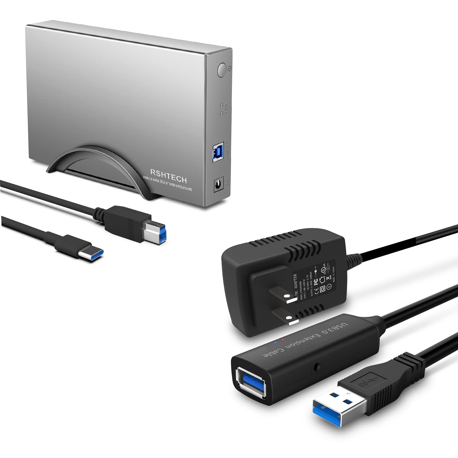 RSHTECH 3.5 inch Aluminum USB C to SATA Hard Drive Enclosure + 50 Ft USB 3.0 Active Extension Cable with 5V 2A Power Adapter