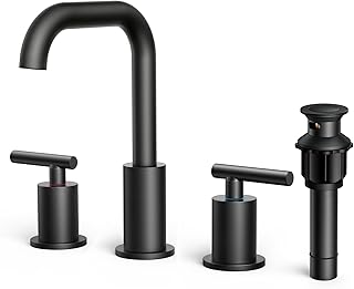 Two Handle Black Bathroom Faucet 3 Hole, FORIOUS Matte Black Faucet Bathroom with Metal Drain, Three Hole Faucet for Bathroom Sink Black, 8 inch Widespread Bathroom Faucet Black, Black Vanity Faucet