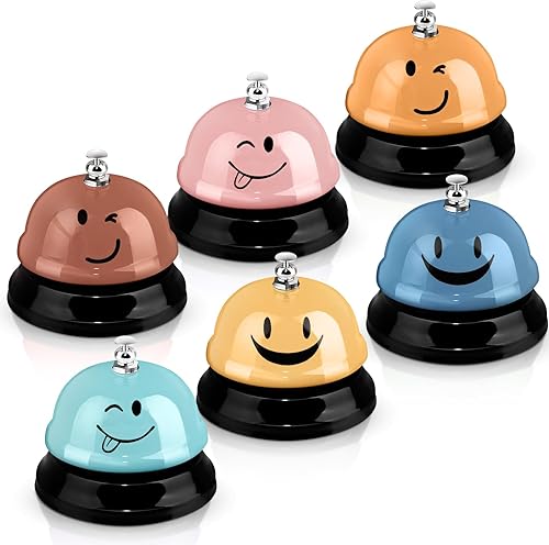 Vista 13 de Tudomro 6 campanas de cena de servicio de llamadas para escritorio, aula, de metal, sonrisa, 3 pulgadas de diámetro, antioxidante, para hotel