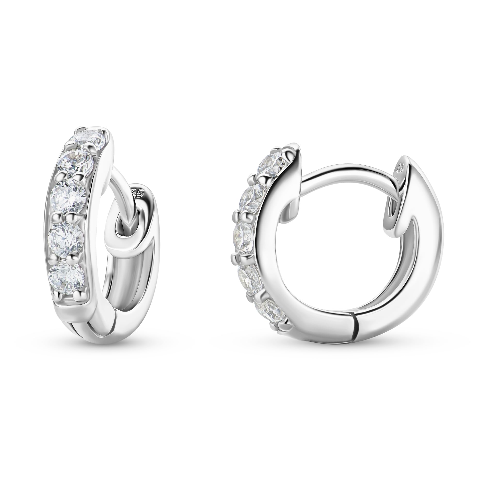 Miore Orecchini Cerchio Donna Piccoli con Zirconi Brillanti in Argento Sterling 925, Orecchini a lobo anallergici con Zirconi. Chiusura con perno passante e scatto.