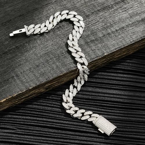 Silver Cuban Link Bracelet for Men - Chunky Iced Out Design with Full CZ & Moissanite - Ideal Men's Jewelry Gift & Hip-Hop Silver Bracelet for Men