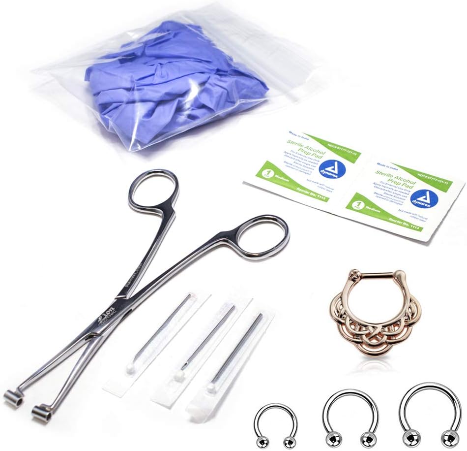LionGothic 10-Pcs Septum Piercing Kit - Horseshoe Circular, Septum, Needle, Forceps, Septum Clicker with Tribal Design