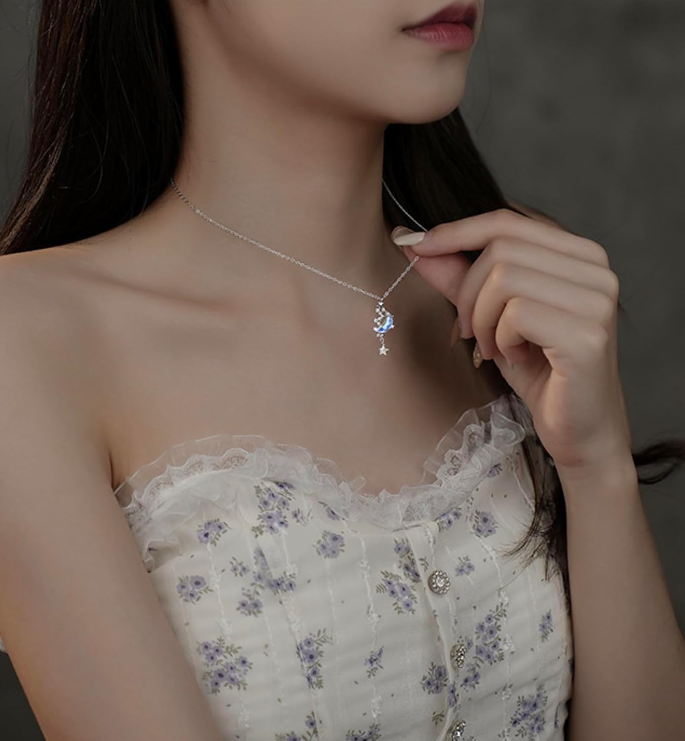 Sterling Silver Unique Design Dainty Moon Star Pendant Necklace with AAAAA Australia Crystal Pendant Necklace Fashion Jewelry Birthday Gift for Women