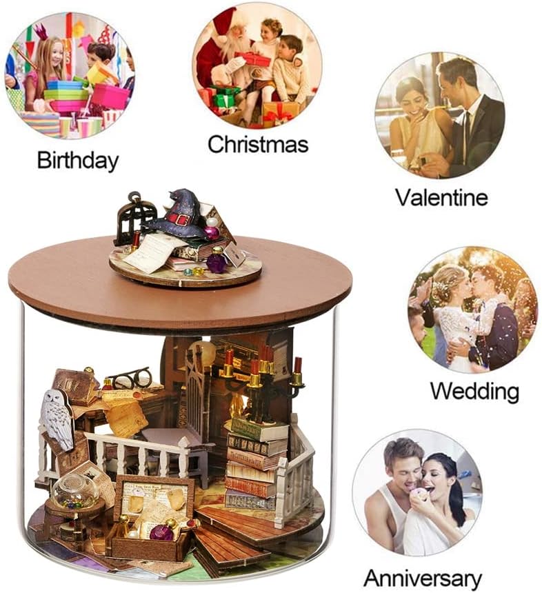 TOPBSFARNY DIY LED Lights Miniature Dollhouse Kit Street Shop Doll House Model Wooden Furniture for Valentine's Day Creative Gifts (Magic Hut)