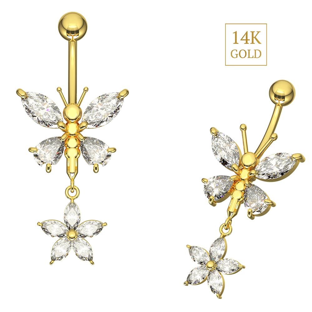 Piercing para ombligo de oro amarillo macizo de 14 quilates con circonita cúbica y mariposa con flor colgante, joyería para ombligo de 14 quilates, calibre 14, 14 Gauge - 10mm Length,