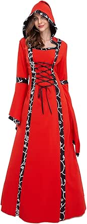2025 Chiffon Patchwork Dress Retro Style Solid Trumpet Sleeves Long Dress Cosplay Floor Length Vintage Length Medieval Women's Gothic Dress Women's Viking Cosplay Costumes for Women, Red, 5XL