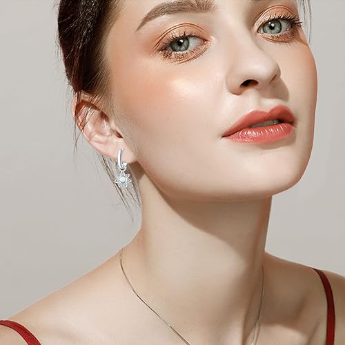 Miniatura 3 de Sun Flower Earrings 925 Sterling Silver Opal FlowerLeaf Hoop Charm Hoop Huggie Synthetic Opal Dangle Drop Earrings Jewelry Gifts for Women
