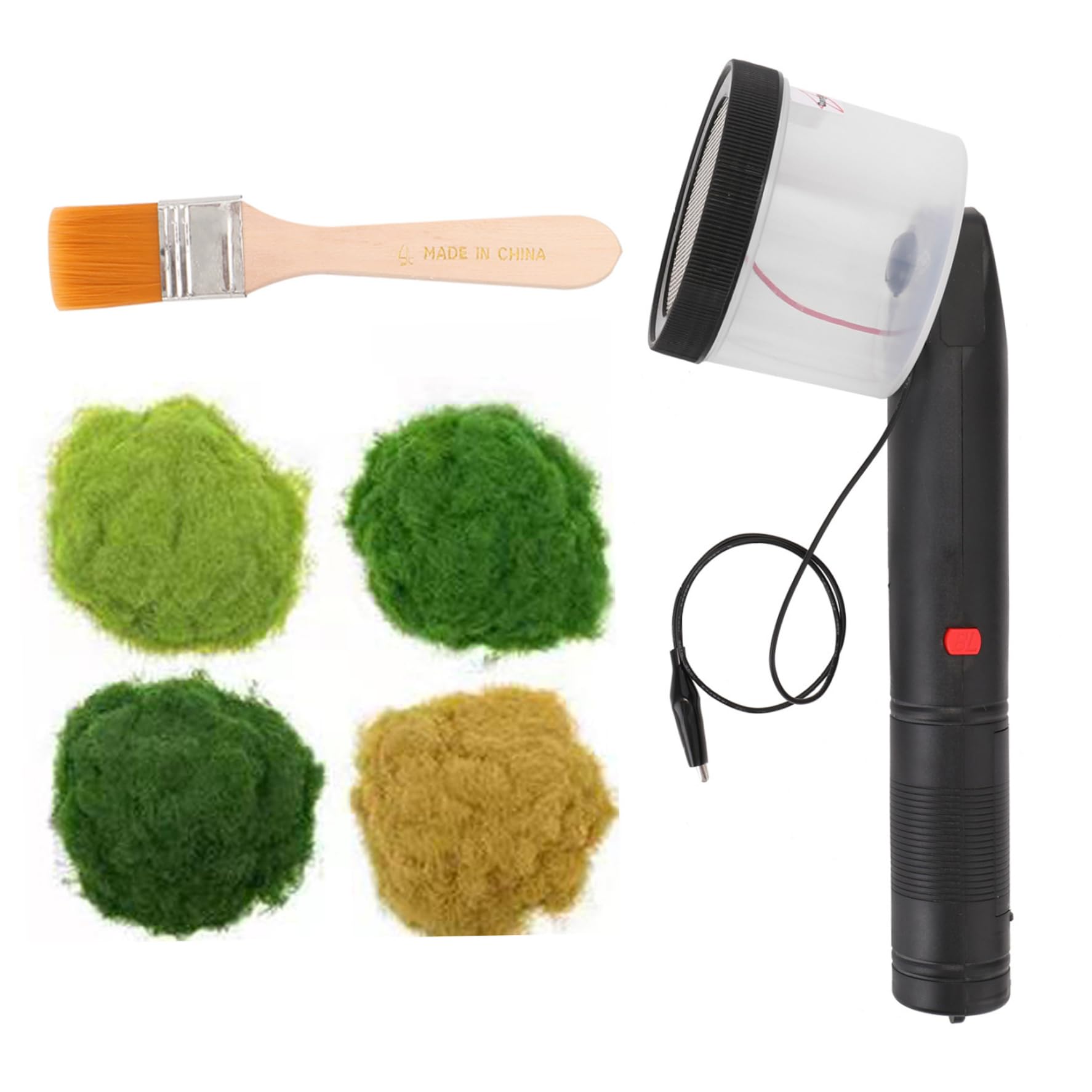 Static Grass Applicator with Four Colours 4 Static Grass and Brush Static Grass Flocking Kit Mini Flocking Machine Applicator with Non-slip Handle for DIY Woodland Scenics Sand Table NO Batteries