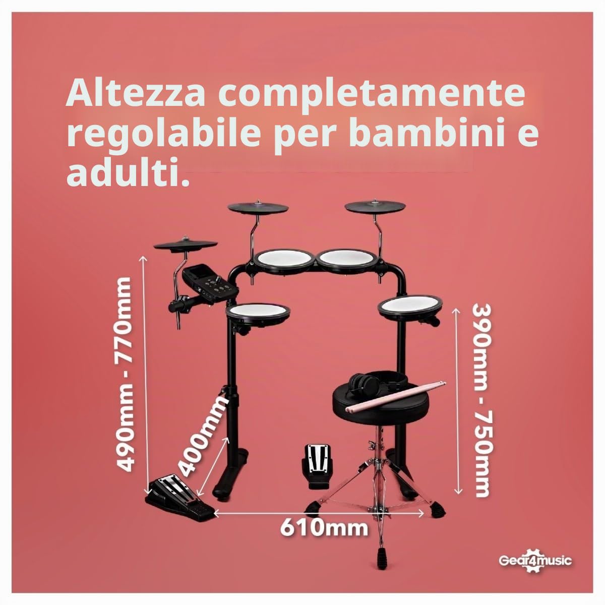 VISIONDRUM Batteria Elettronica Adulti e Bambini, 7 Pad in Mesh, Nero | Kit Batteria Elettrica, Altezza Regolabile, Design Pieghevole, Cuffie, Sgabello e Bacchette Inclusi
