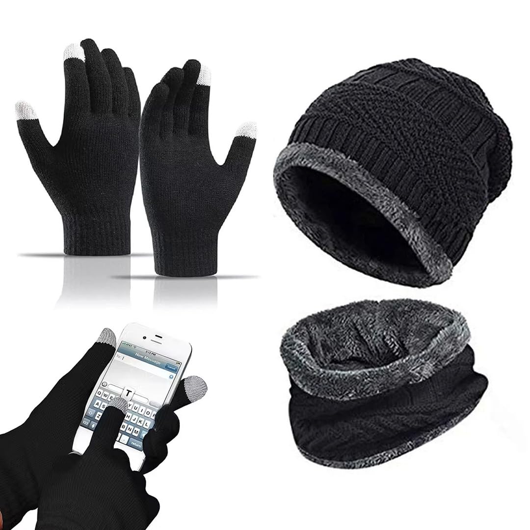 Winter Beanie Hat and Touchscreen Gloves Set, Black with Grey Trim, Knit Neck Warmer Included-image-2