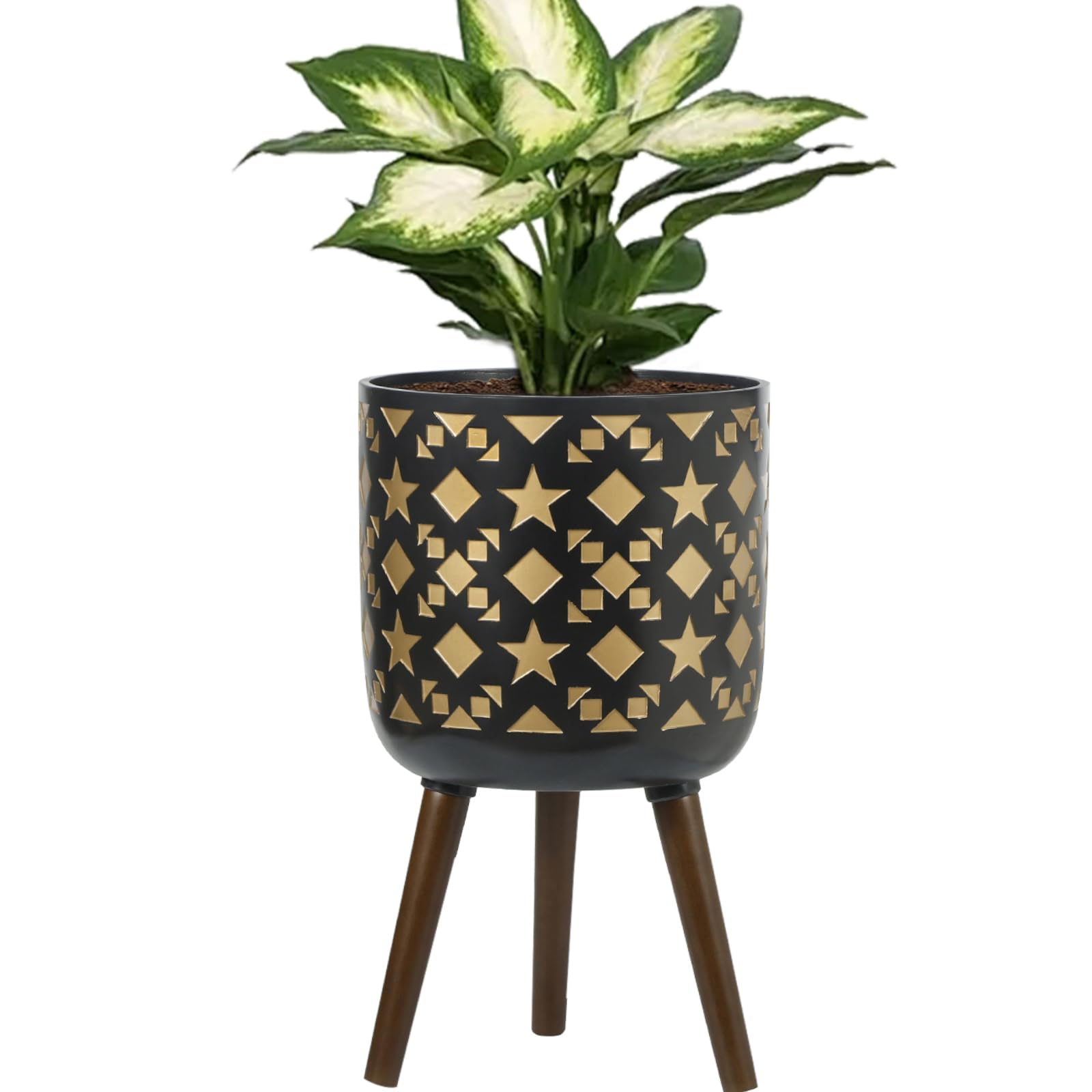 nacltlo 10 Inch Planter Pot with Stand, Mid-Century Tall Plant Pot with Legs for Indoor Plants with Drainage Holes for Outdoor,Black and Gold