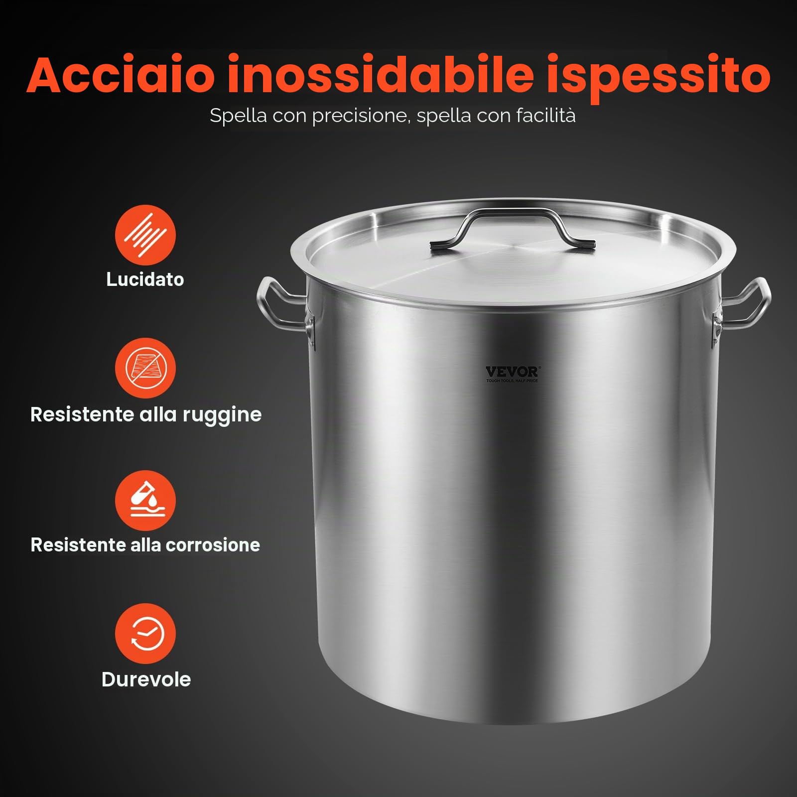 VEVOR Pentola in Acciaio Inox, Pentola per Salse con Cestello 94,6 L, Coperchio e Manico, Pentola Resistente di Grado Commerciale, Trattamento di Macinazione, per Eventi di Grandi Gruppi, Argento