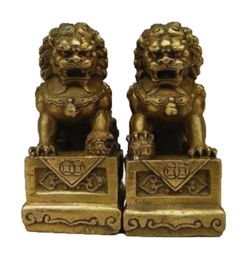 Fashion158 Yellow Chinese Brass Folk Fengshui Foo Fu Dog Guardion Door Lion Statue Pair 2.7Cm