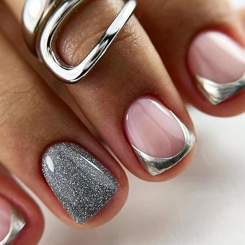 BettyCora - Uñas postizas cortas a presión, 24 puntas francesas cuadradas con pegamento para uñas, color plateado