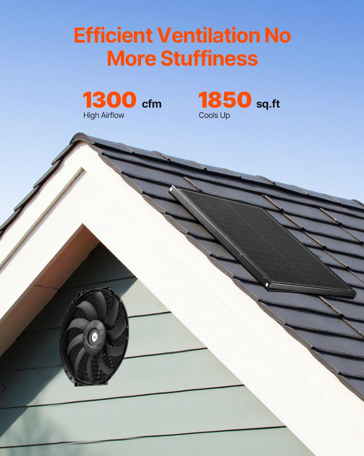VEVOR Ventilateur d'Extraction Solaire de Grenier, 340x70 mm, Extracteur d'air de Grenier avec Thermostat Réglable, Maille Extérieure, Capacité Flux d'air 1300 CFM, pour Pignon, Toit, Garage, Atelier